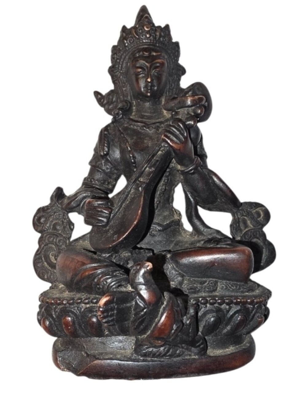 Saraswati Hindu Goddess Statue Wisdom Art Music Dark Finish Burnished Effect